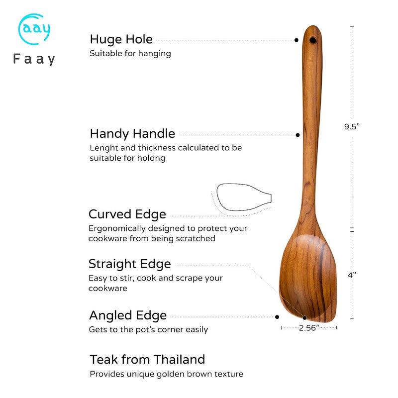 FAAY 13.5â€ Left-Handed Corner Wooden Spoon â€“ Angled Teak Cooking Utensil for Left-Hand Use, Ergonomic Scraper & Stirring Spoon, Handcrafted Thai Teak, Safe for Nonstick Cookware - Image 2